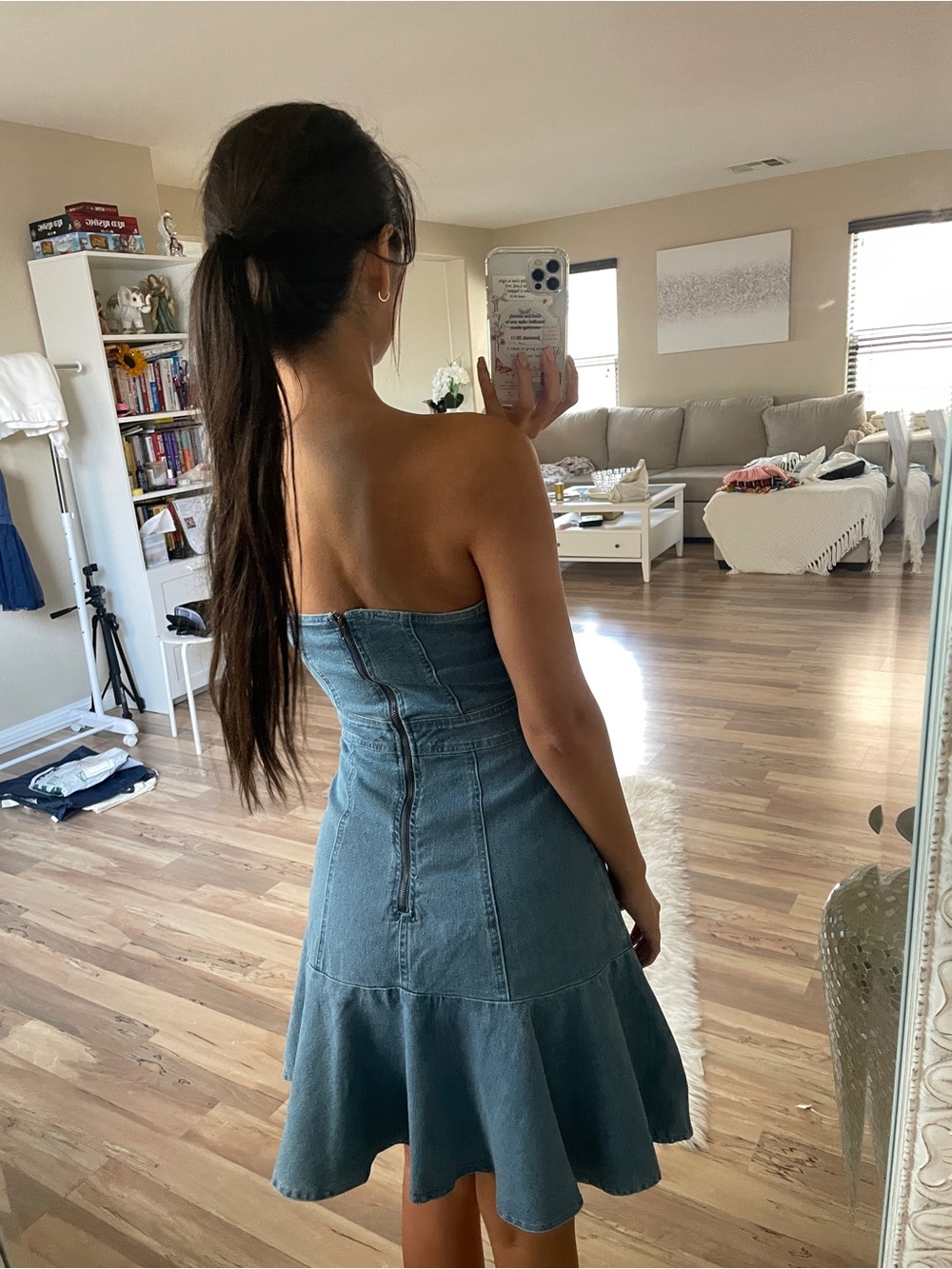 Strapless Denim Ruffle Dress - Blue - Picture 2 of 5